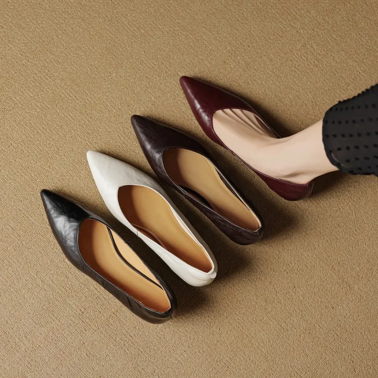 Autumn soft top-grain sheepskin comfortable wedge heel women's shoes low heel pointed toe shallow mouth plus size