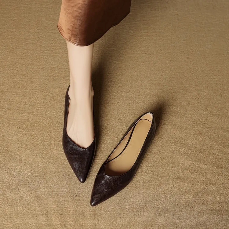 Autumn soft top-grain sheepskin comfortable wedge heel women's shoes low heel pointed toe shallow mouth plus size