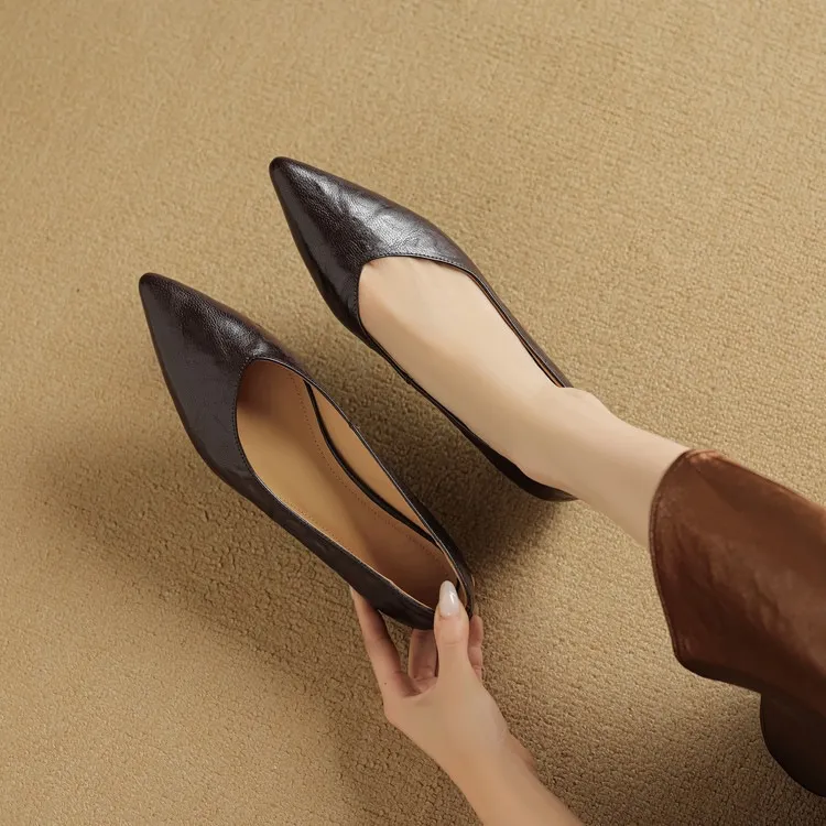 Autumn soft top-grain sheepskin comfortable wedge heel women's shoes low heel pointed toe shallow mouth plus size
