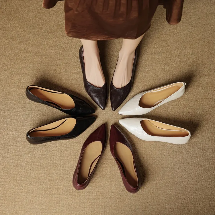 Autumn soft top-grain sheepskin comfortable wedge heel women's shoes low heel pointed toe shallow mouth plus size