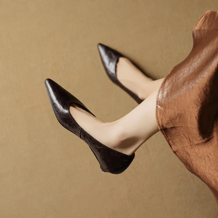 Autumn soft top-grain sheepskin comfortable wedge heel women's shoes low heel pointed toe shallow mouth plus size