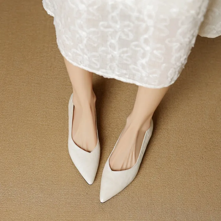 Autumn soft top-grain sheepskin comfortable wedge heel women's shoes low heel pointed toe shallow mouth plus size