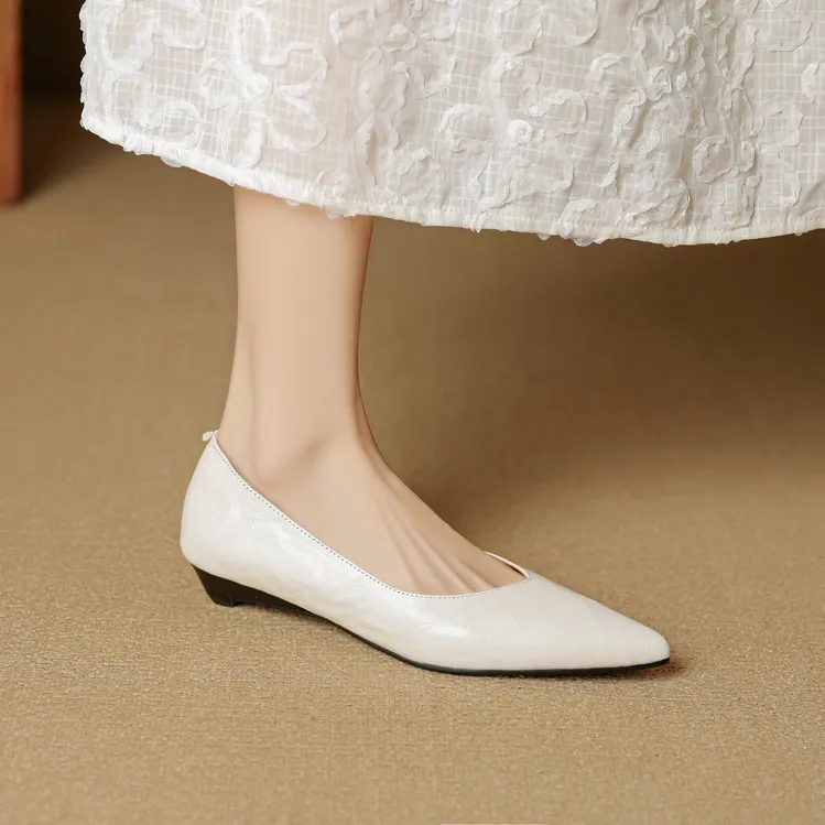 Autumn soft top-grain sheepskin comfortable wedge heel women's shoes low heel pointed toe shallow mouth plus size
