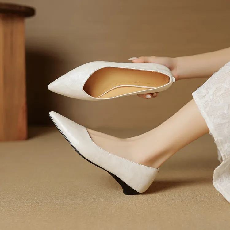 Autumn soft top-grain sheepskin comfortable wedge heel women's shoes low heel pointed toe shallow mouth plus size