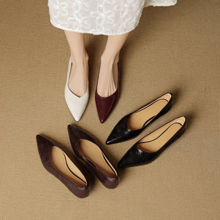 Autumn soft top-grain sheepskin comfortable wedge heel women's shoes low heel pointed toe shallow mouth plus size