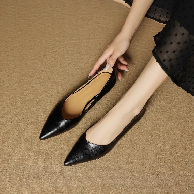 Autumn soft top-grain sheepskin comfortable wedge heel women's shoes low heel pointed toe shallow mouth plus size