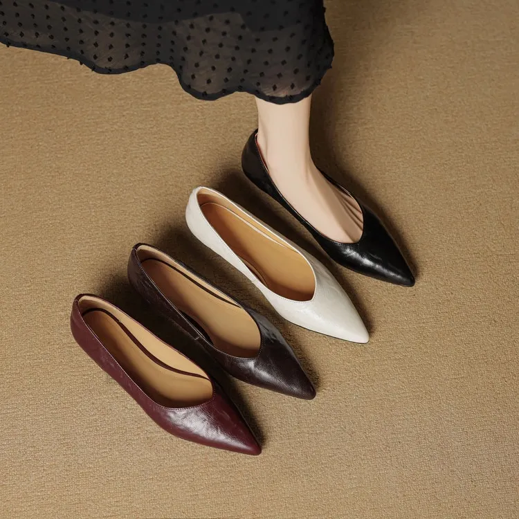 Autumn soft top-grain sheepskin comfortable wedge heel women's shoes low heel pointed toe shallow mouth plus size