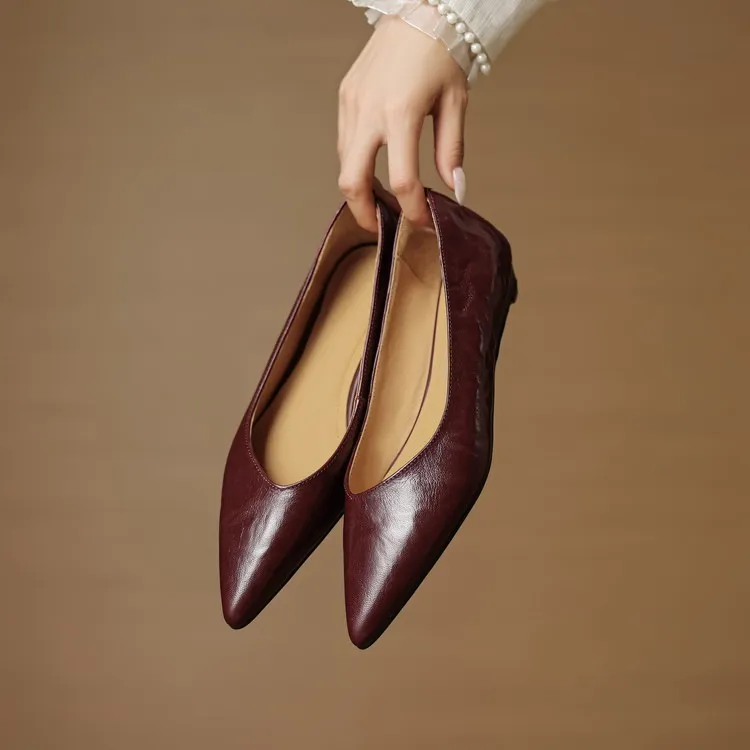 Autumn soft top-grain sheepskin comfortable wedge heel women's shoes low heel pointed toe shallow mouth plus size