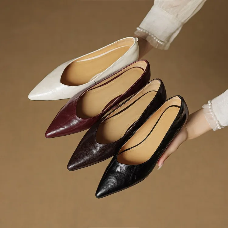 Autumn soft top-grain sheepskin comfortable wedge heel women's shoes low heel pointed toe shallow mouth plus size