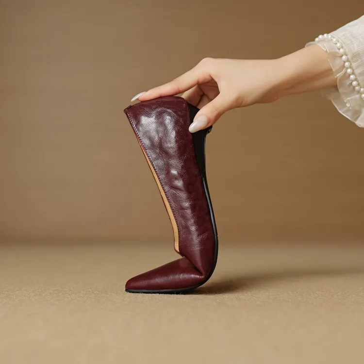Autumn soft top-grain sheepskin comfortable wedge heel women's shoes low heel pointed toe shallow mouth plus size