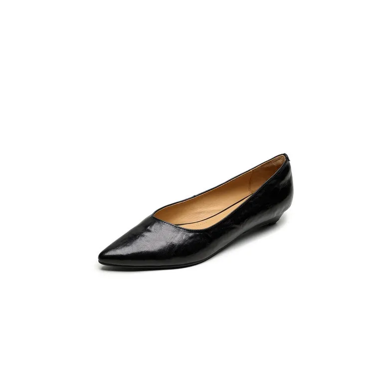 Autumn soft top-grain sheepskin comfortable wedge heel women's shoes low heel pointed toe shallow mouth plus size