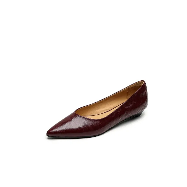 Autumn soft top-grain sheepskin comfortable wedge heel women's shoes low heel pointed toe shallow mouth plus size