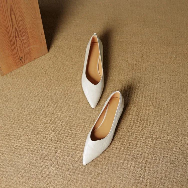 Autumn soft top-grain sheepskin comfortable wedge heel women's shoes low heel pointed toe shallow mouth plus size