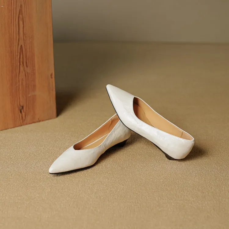 Autumn soft top-grain sheepskin comfortable wedge heel women's shoes low heel pointed toe shallow mouth plus size