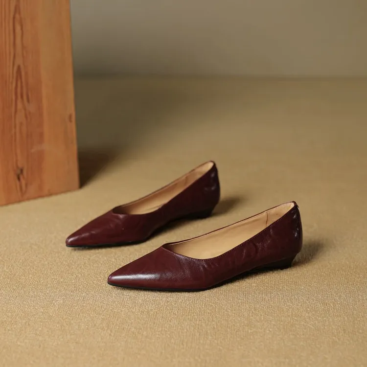 Autumn soft top-grain sheepskin comfortable wedge heel women's shoes low heel pointed toe shallow mouth plus size