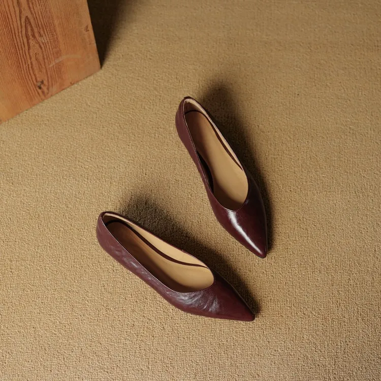 Autumn soft top-grain sheepskin comfortable wedge heel women's shoes low heel pointed toe shallow mouth plus size