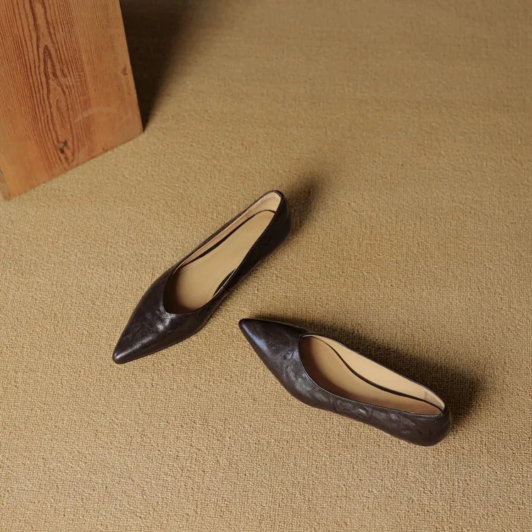 Autumn soft top-grain sheepskin comfortable wedge heel women's shoes low heel pointed toe shallow mouth plus size