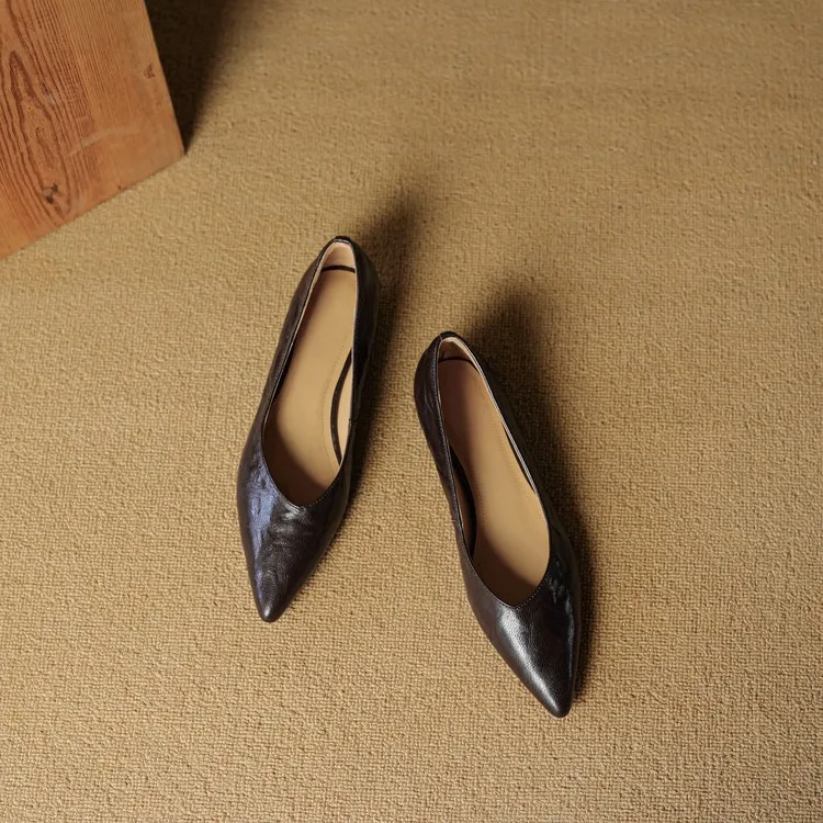 Autumn soft top-grain sheepskin comfortable wedge heel women's shoes low heel pointed toe shallow mouth plus size