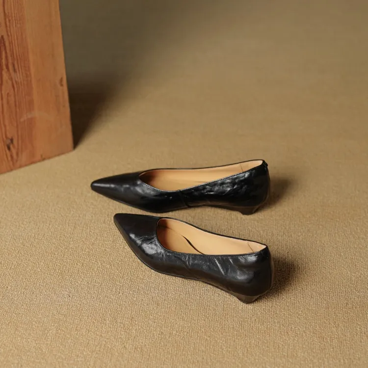 Autumn soft top-grain sheepskin comfortable wedge heel women's shoes low heel pointed toe shallow mouth plus size