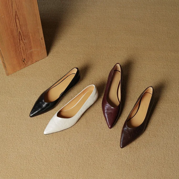 Autumn soft top-grain sheepskin comfortable wedge heel women's shoes low heel pointed toe shallow mouth plus size