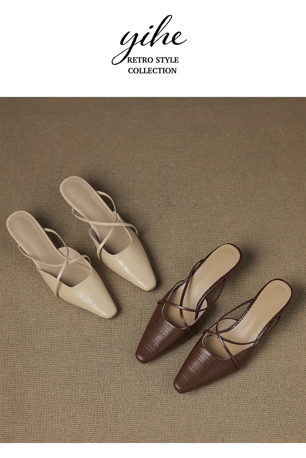 Retro low-heeled crisscross strap sexy fashion sandals in off-white and brown