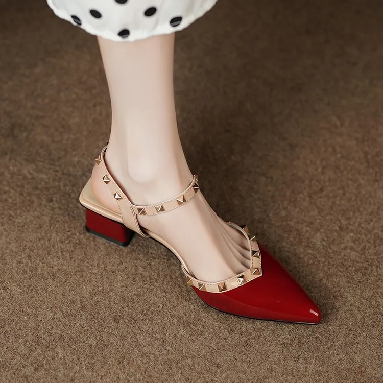 Summer patent leather studded red pointed-toe sandals, fashionable style, French style, perfect for wearing with skirts, mid-heel closed-toe women's shoes