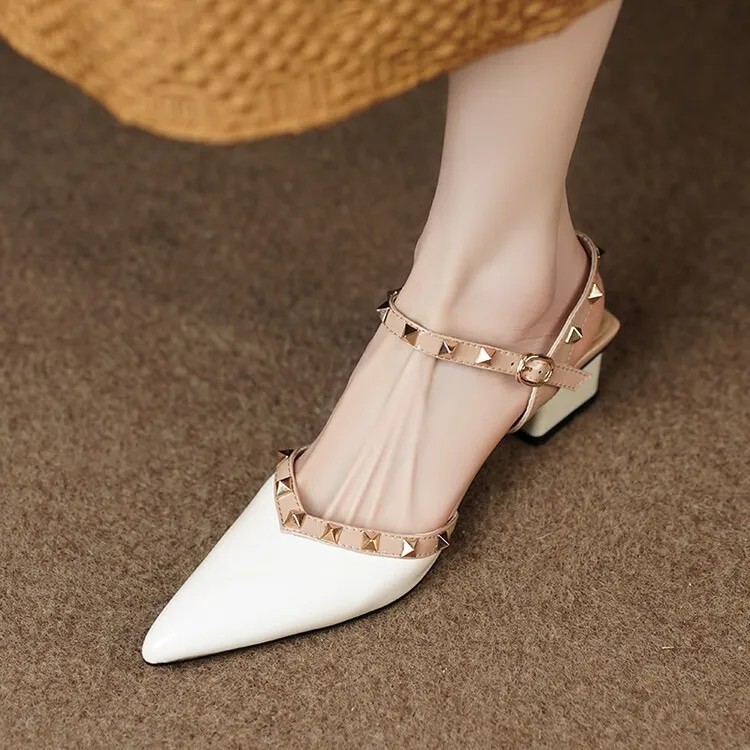 Summer patent leather studded red pointed-toe sandals, fashionable style, French style, perfect for wearing with skirts, mid-heel closed-toe women's shoes