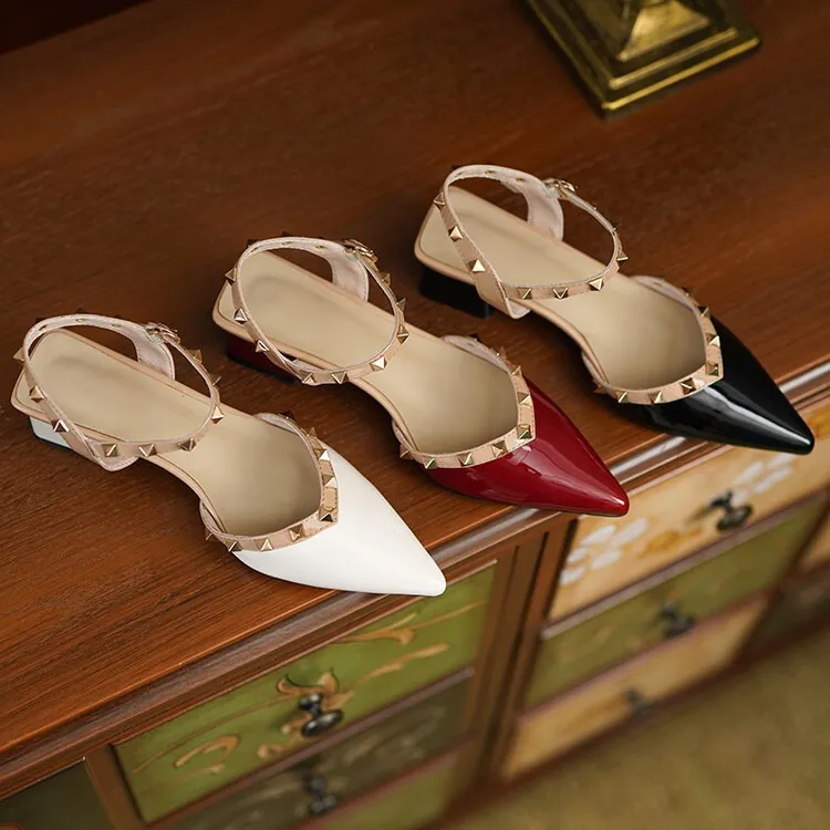 Summer patent leather studded red pointed-toe sandals, fashionable style, French style, perfect for wearing with skirts, mid-heel closed-toe women's shoes