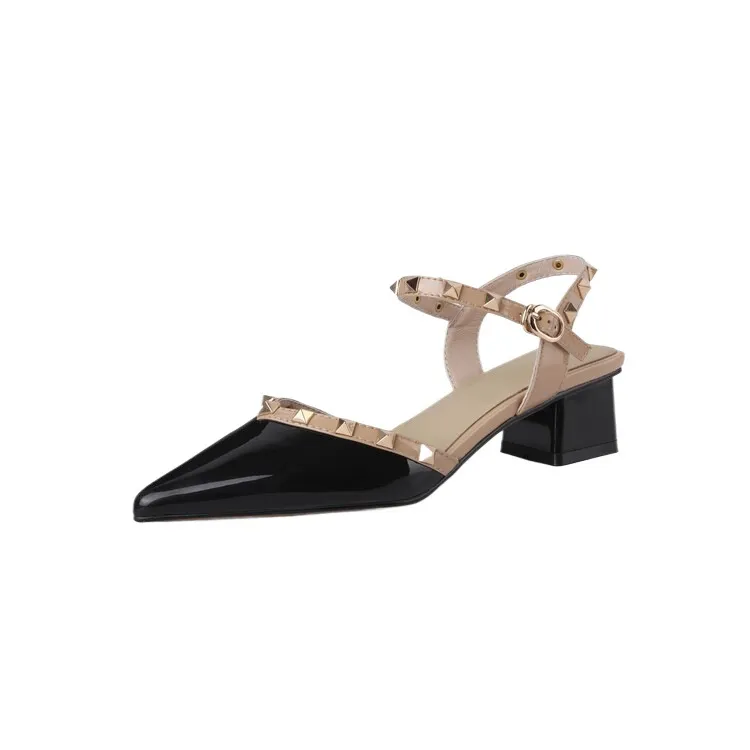Summer patent leather studded red pointed-toe sandals, fashionable style, French style, perfect for wearing with skirts, mid-heel closed-toe women's shoes
