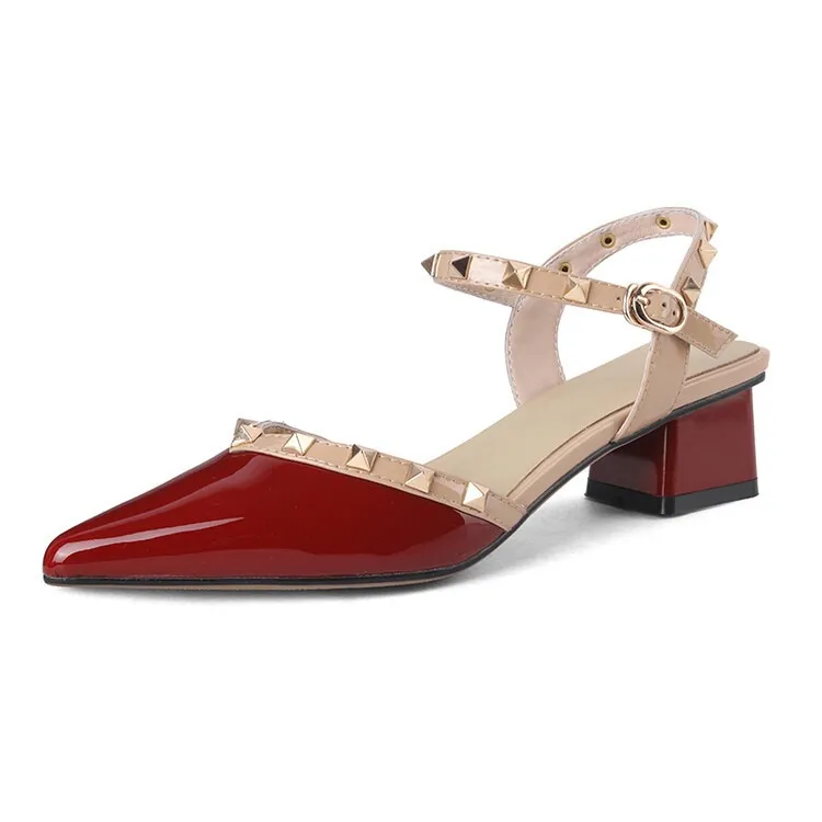 Summer patent leather studded red pointed-toe sandals, fashionable style, French style, perfect for wearing with skirts, mid-heel closed-toe women's shoes