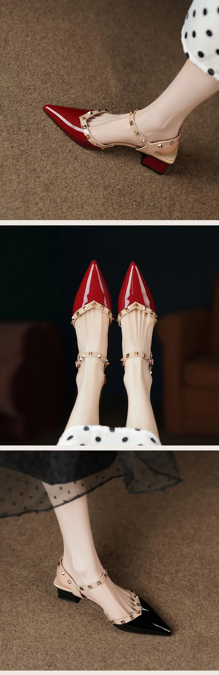 Summer patent leather studded red pointed-toe sandals, fashionable style, French style, perfect for wearing with skirts, mid-heel closed-toe women's shoes