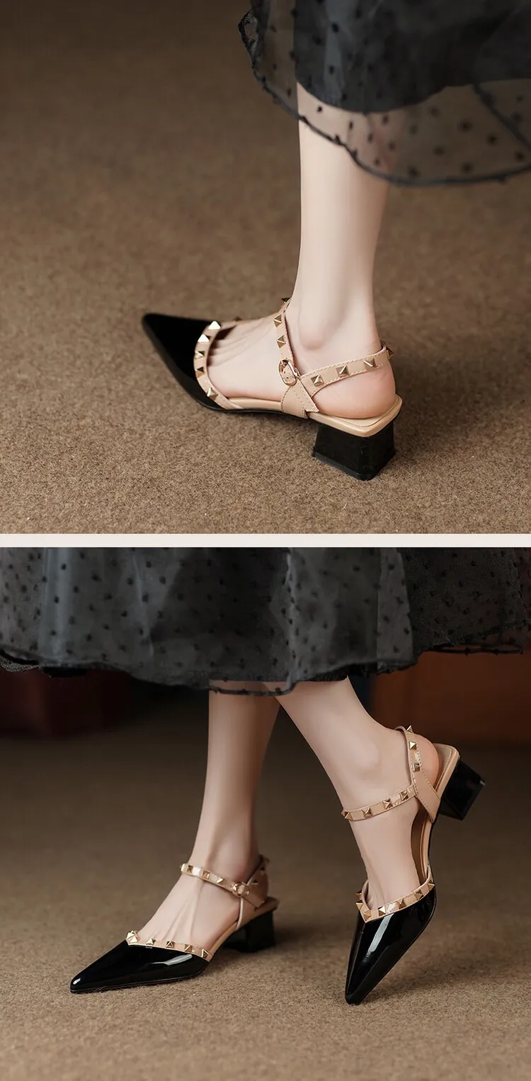 Summer patent leather studded red pointed-toe sandals, fashionable style, French style, perfect for wearing with skirts, mid-heel closed-toe women's shoes