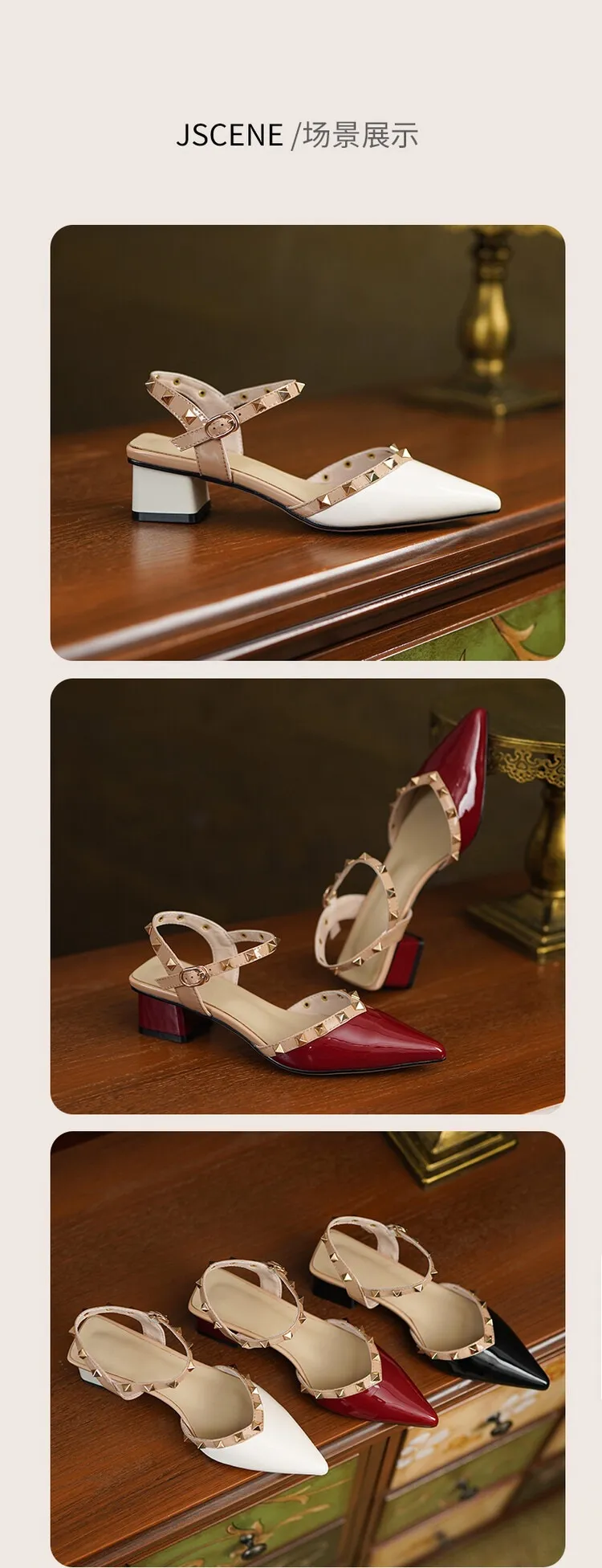 Summer patent leather studded red pointed-toe sandals, fashionable style, French style, perfect for wearing with skirts, mid-heel closed-toe women's shoes
