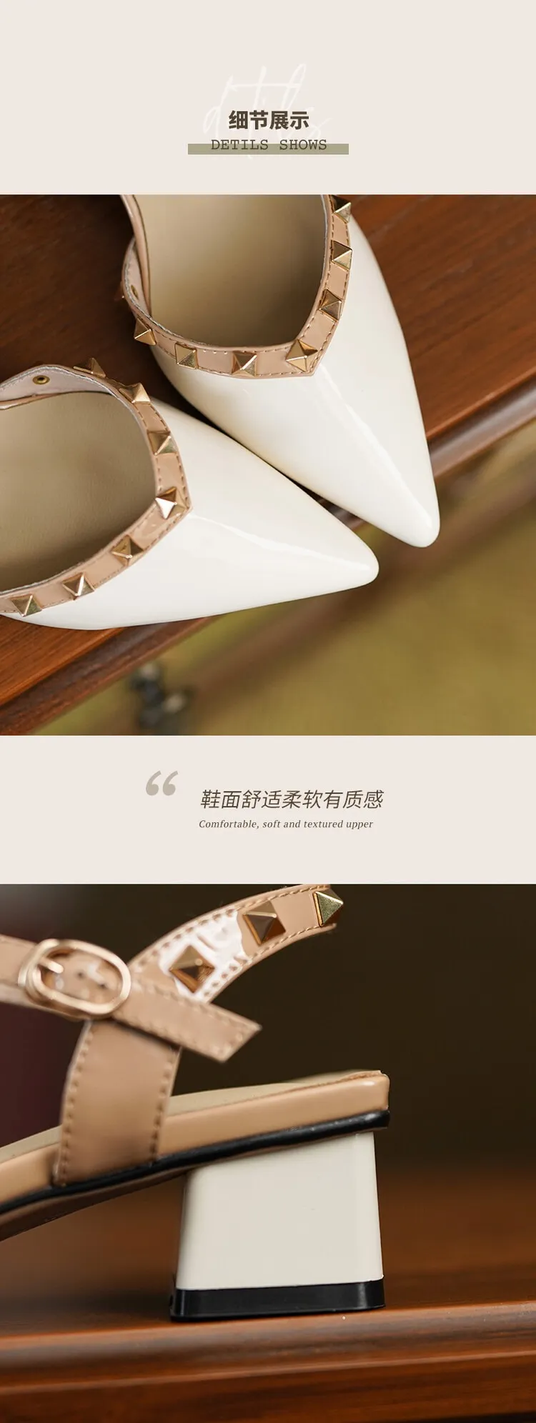 Summer patent leather studded red pointed-toe sandals, fashionable style, French style, perfect for wearing with skirts, mid-heel closed-toe women's shoes