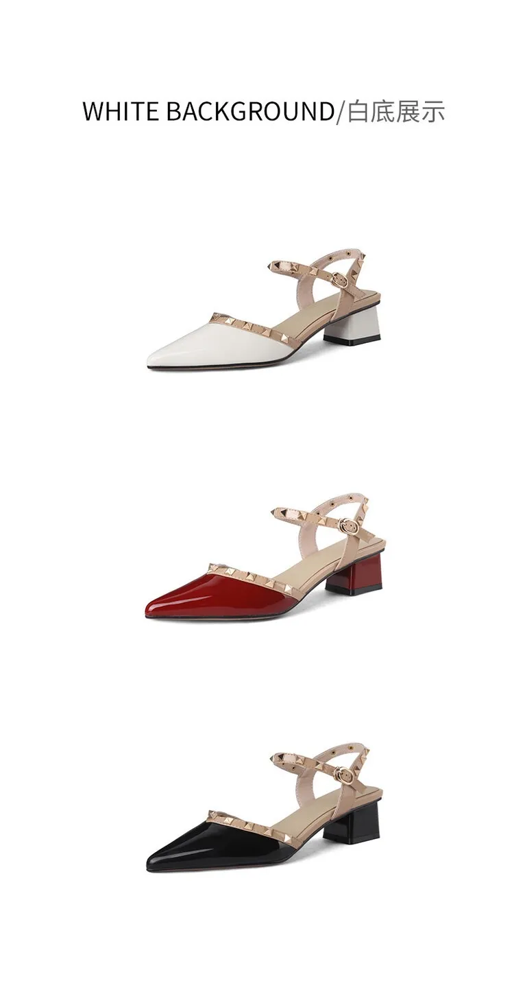 Summer patent leather studded red pointed-toe sandals, fashionable style, French style, perfect for wearing with skirts, mid-heel closed-toe women's shoes