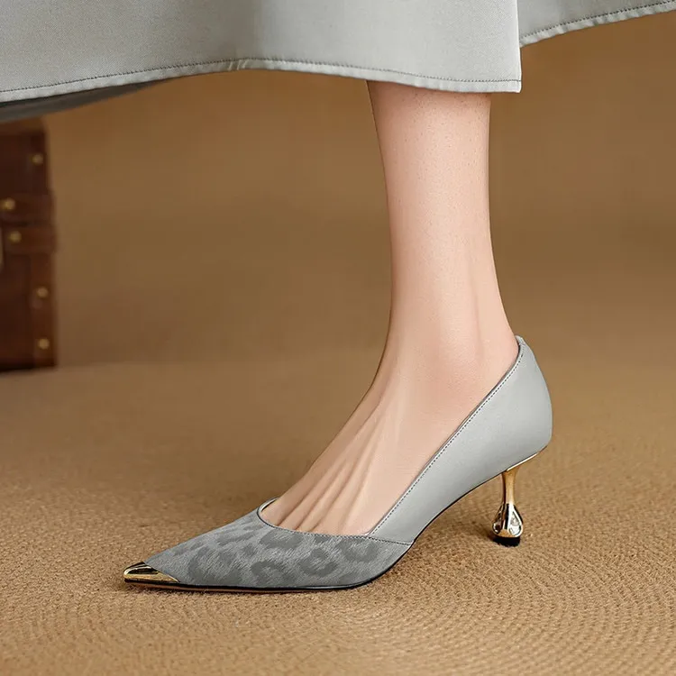 Early spring single shoes, pointed toe, low-cut, stiletto heel, slip-on, color-blocked women's shoes