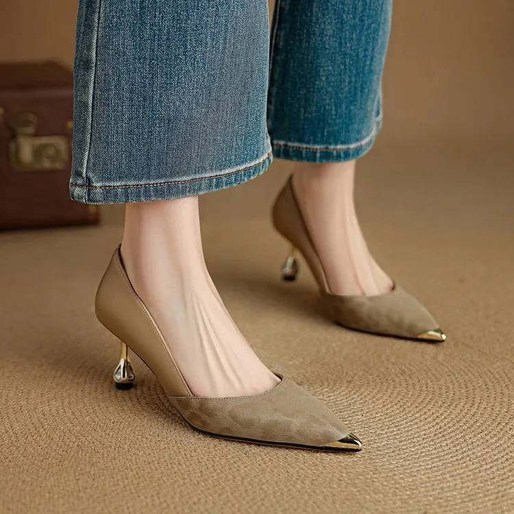 Early spring single shoes, pointed toe, low-cut, stiletto heel, slip-on, color-blocked women's shoes