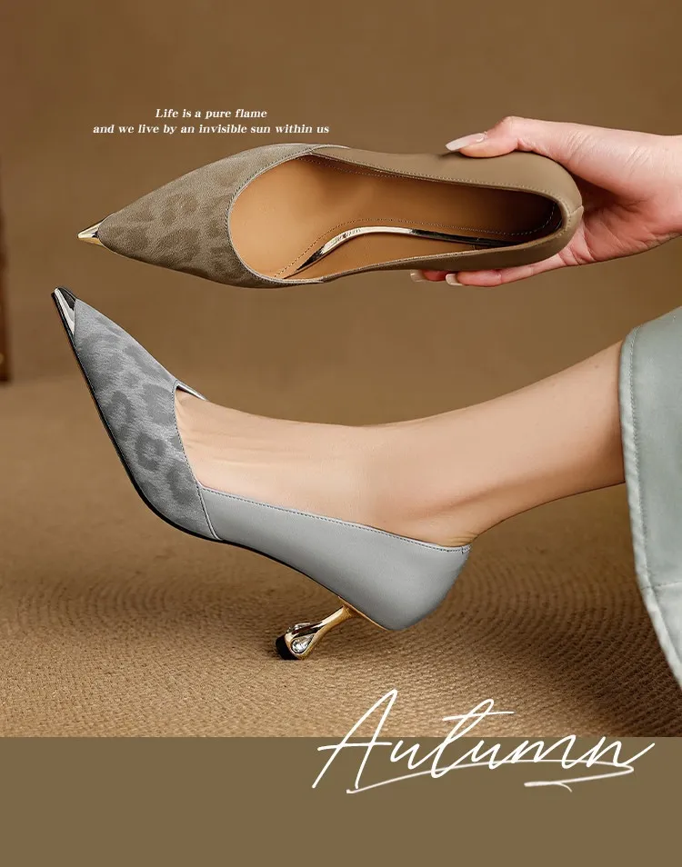 Early spring single shoes, pointed toe, low-cut, stiletto heel, slip-on, color-blocked women's shoes