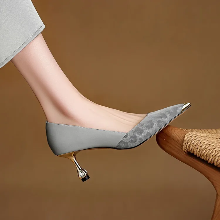 Early spring single shoes, pointed toe, low-cut, stiletto heel, slip-on, color-blocked women's shoes