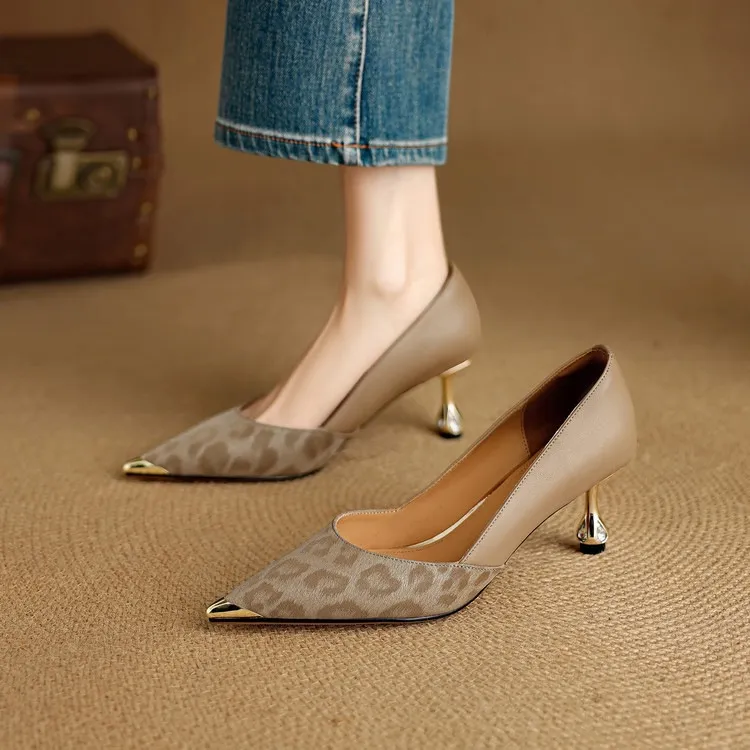 Early spring single shoes, pointed toe, low-cut, stiletto heel, slip-on, color-blocked women's shoes
