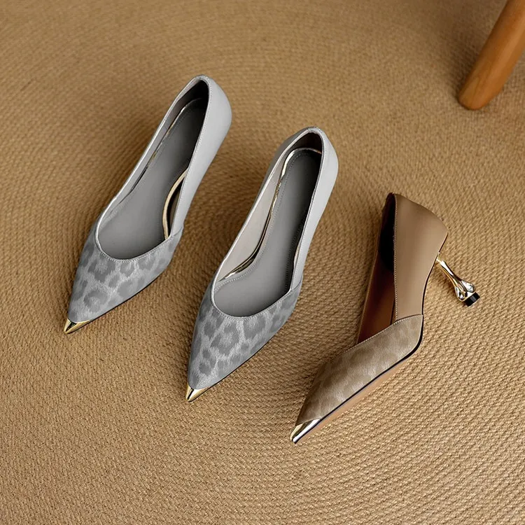Early spring single shoes, pointed toe, low-cut, stiletto heel, slip-on, color-blocked women's shoes