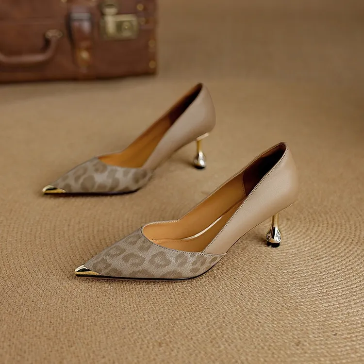 Early spring single shoes, pointed toe, low-cut, stiletto heel, slip-on, color-blocked women's shoes