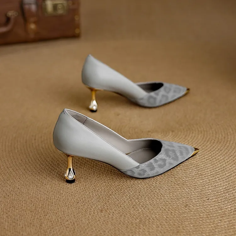 Early spring single shoes, pointed toe, low-cut, stiletto heel, slip-on, color-blocked women's shoes