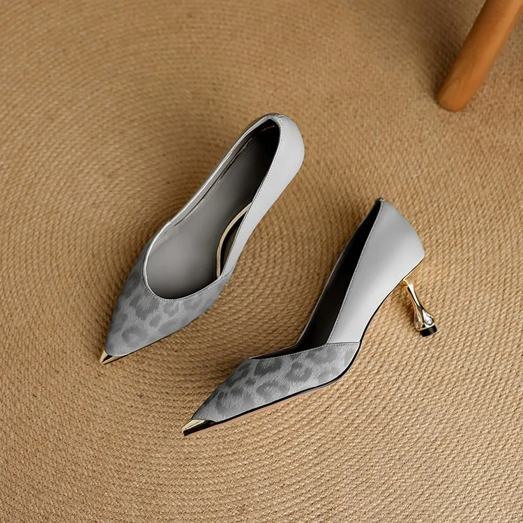 Early spring single shoes, pointed toe, low-cut, stiletto heel, slip-on, color-blocked women's shoes