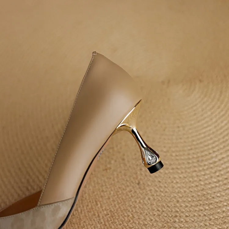 Early spring single shoes, pointed toe, low-cut, stiletto heel, slip-on, color-blocked women's shoes