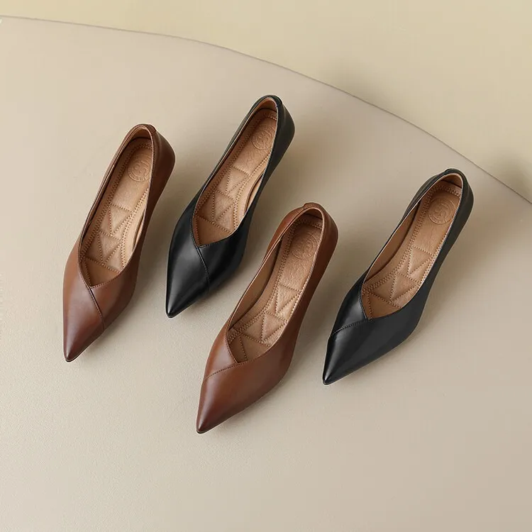 Plus-size spring style stiletto leather flats, French pointed toe low-cut high heels, black work shoes