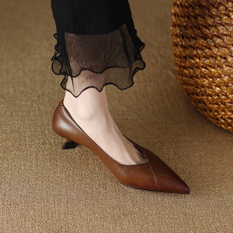 Plus-size spring style stiletto leather flats, French pointed toe low-cut high heels, black work shoes