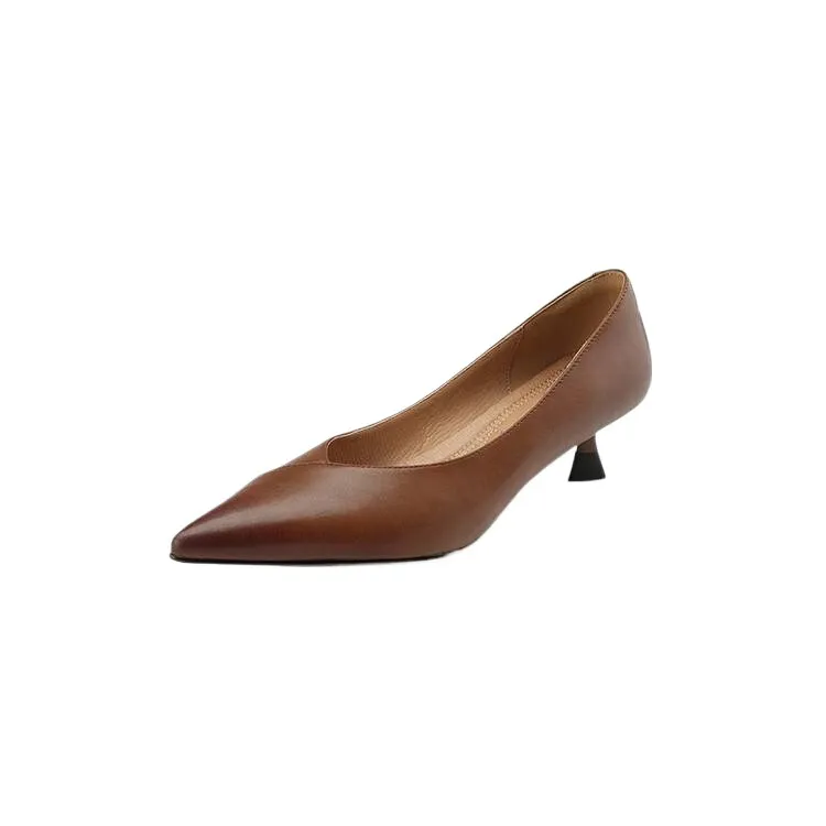 Plus-size spring style stiletto leather flats, French pointed toe low-cut high heels, black work shoes