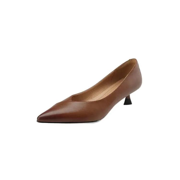 Plus-size spring style stiletto leather flats, French pointed toe low-cut high heels, black work shoes