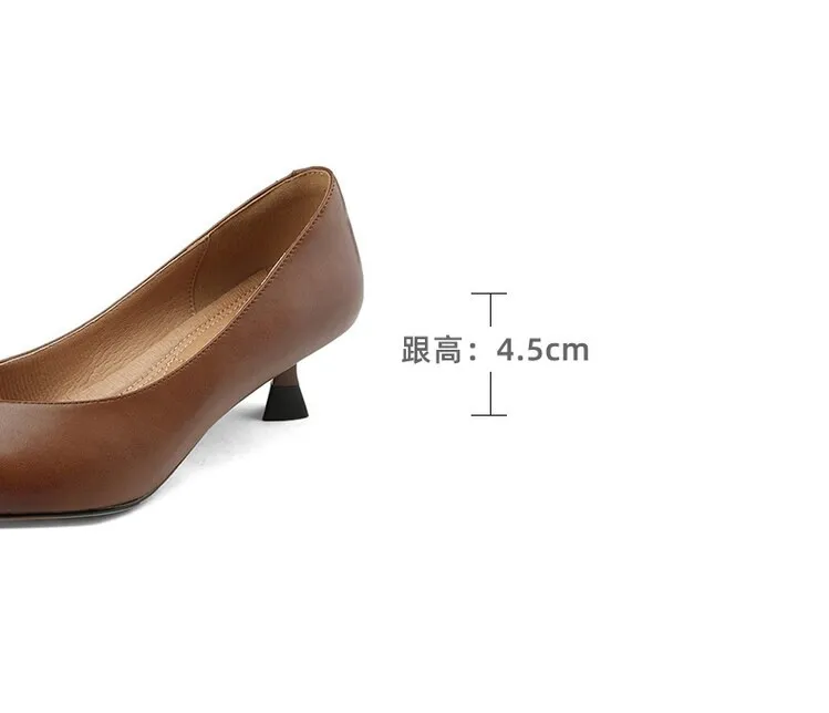 Plus-size spring style stiletto leather flats, French pointed toe low-cut high heels, black work shoes